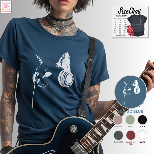 Silhouette of Chuck the Cat wearing headphones in a bust style graphic tee.