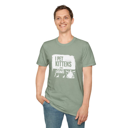 "I pet kittens and play the drums" in highlight graphic tee.