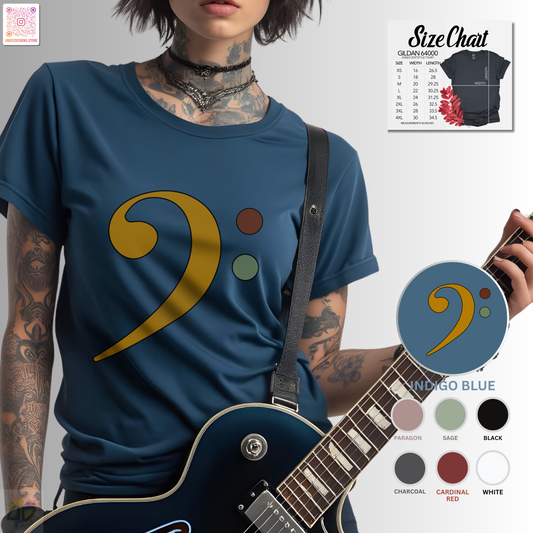 Multi-colored bass clef graphic tee.