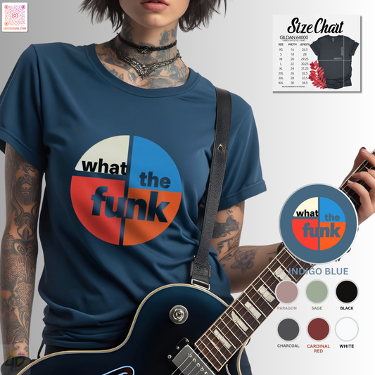 "What the funk" in a retro circle graphic tee.