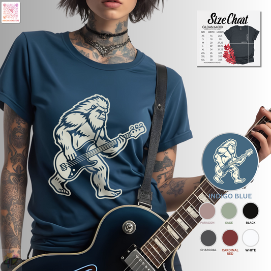 Yeti silhouette with Bass guitar in a cream-colored graphic tee.
