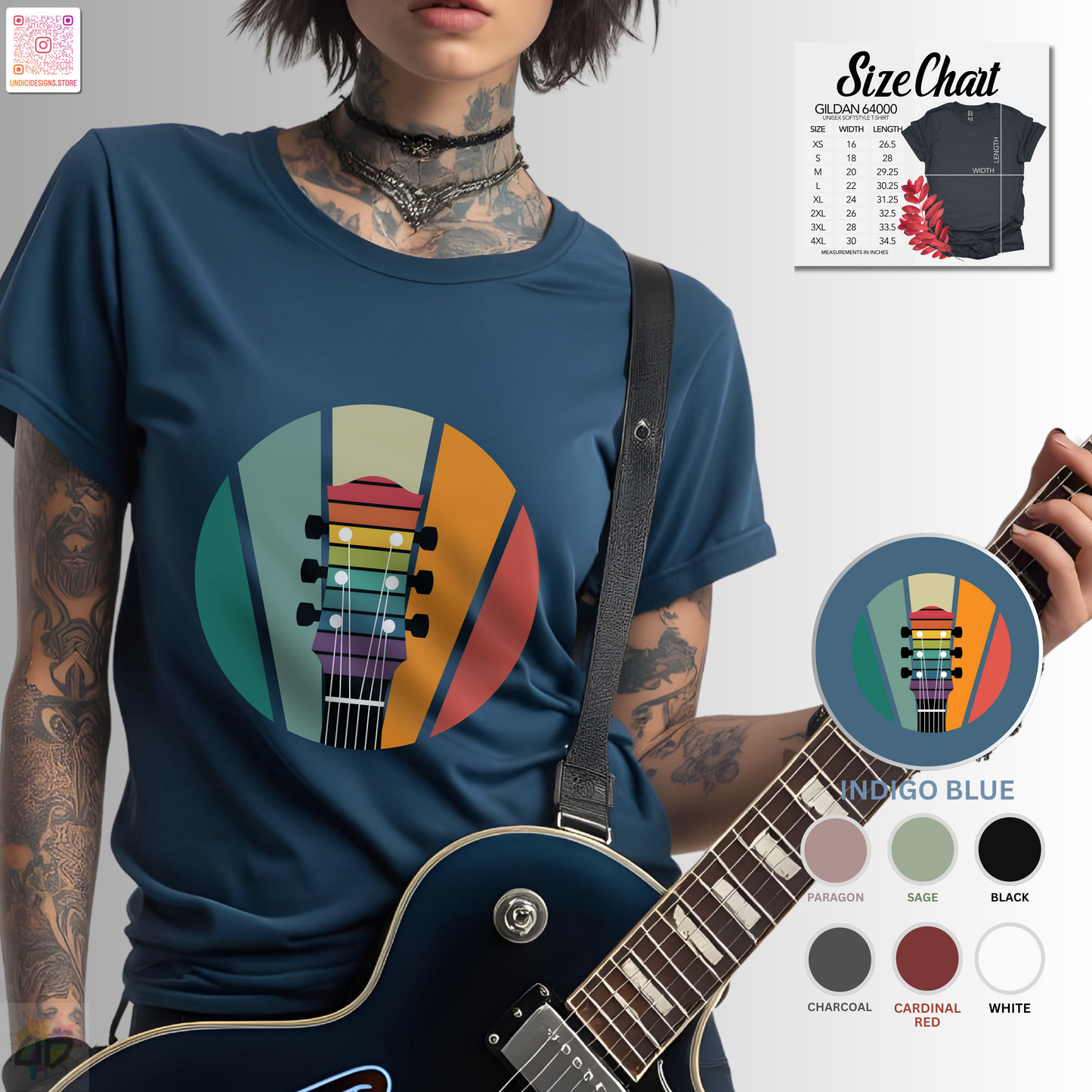 Guitar headstock on a retro sunset graphic tee.