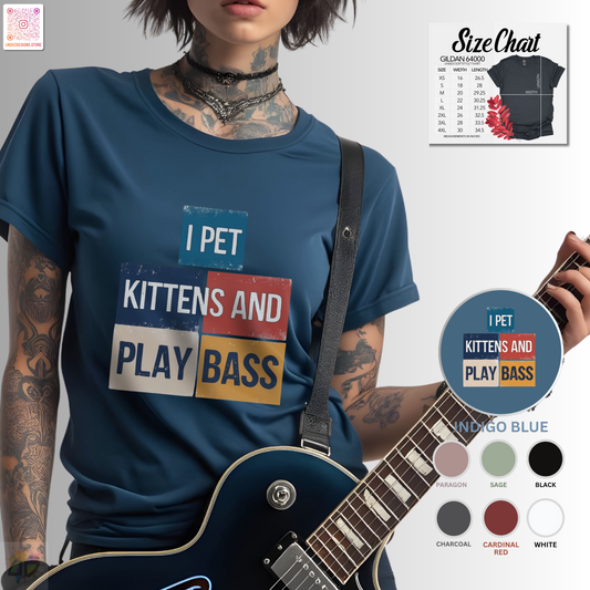 "I pet kittens and play bass" in colorful highlights graphic tee.