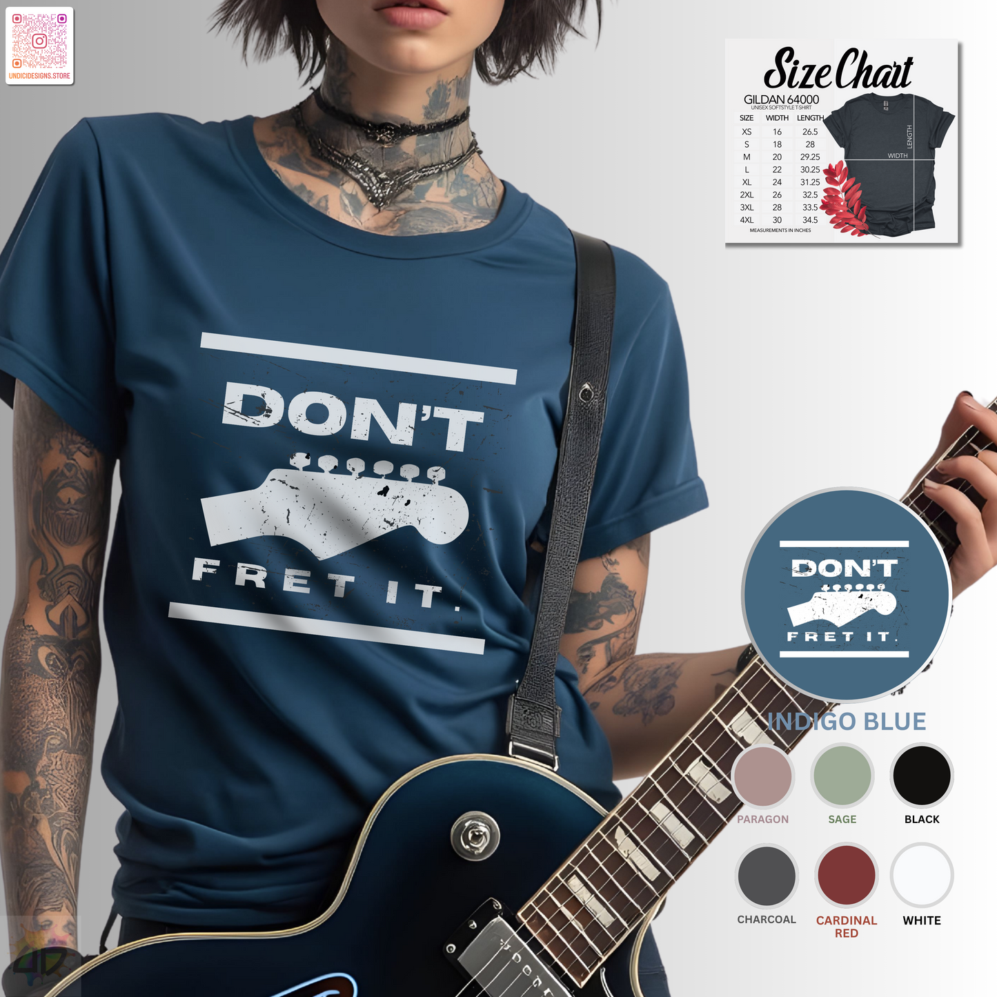"Don't fret it." with guitar graphic tee.