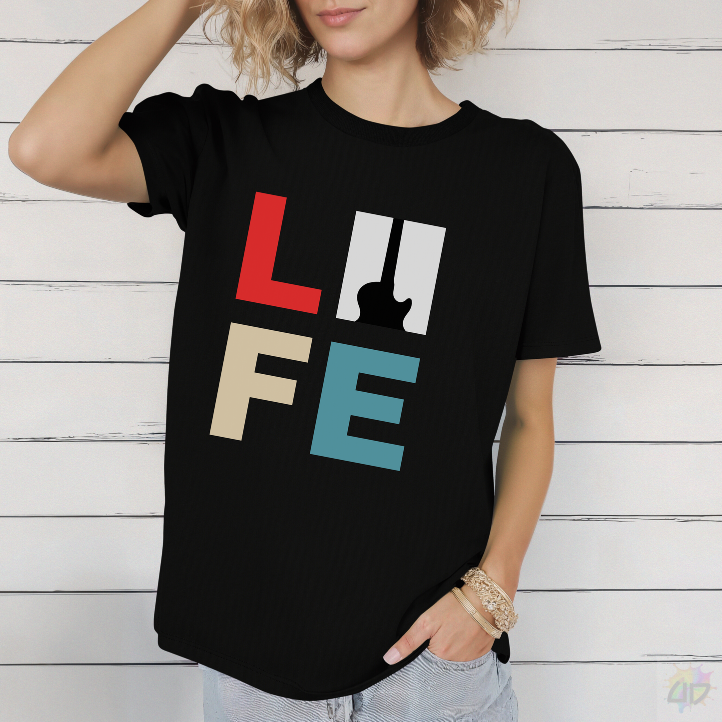 "LIFE" in Color with Guitar Graphic Tee.