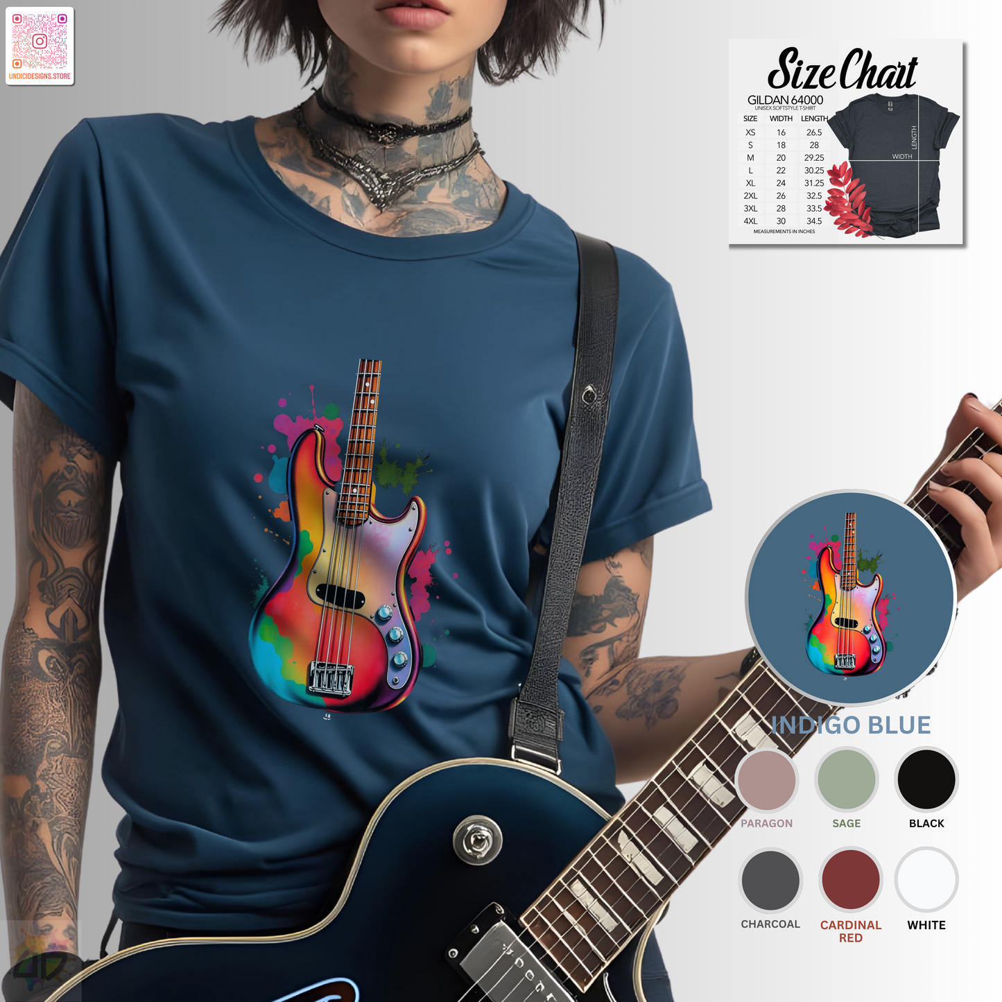 Colorful Jazz Bass Body in a vibrant splash graphic tee.