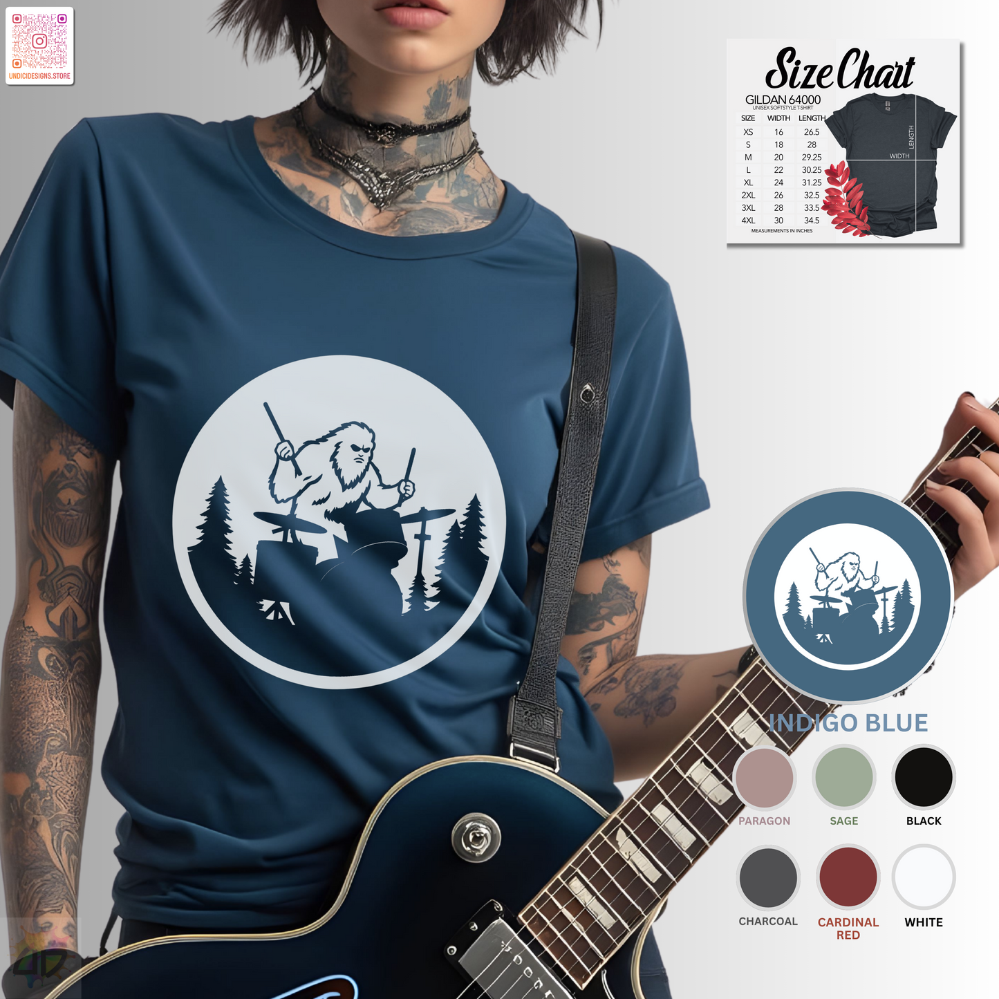 Big foot silhouette playing drums in a circular graphic tee.