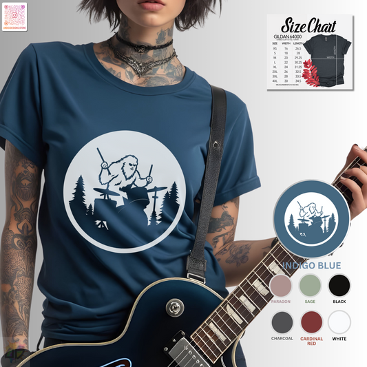 Big foot silhouette playing drums in a circular graphic tee.