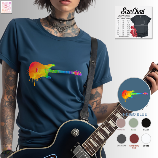 Vibrant guitar dripping colorfully graphic tee.