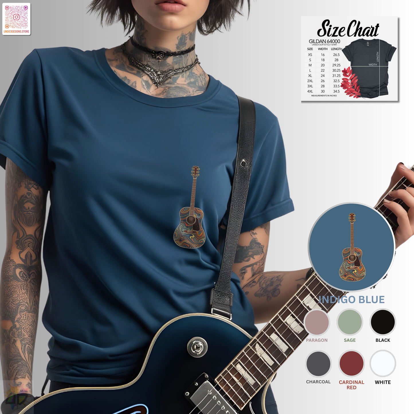 Psychedelic acoustic guitar pocket graphic tee.