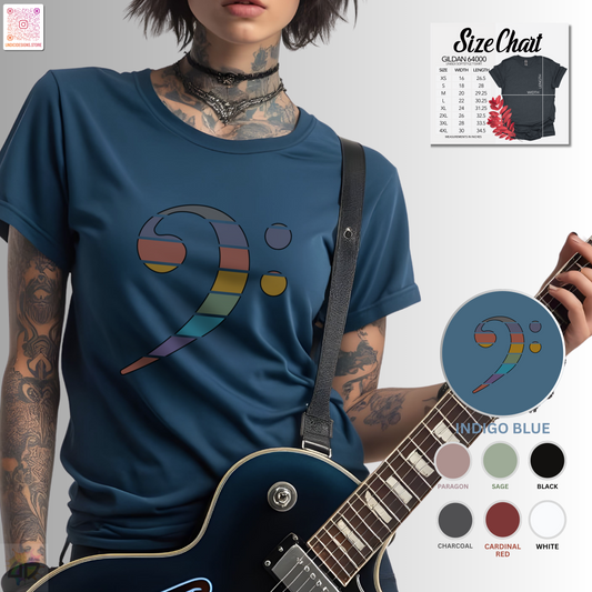 Retro sunset-colored bass clef graphic tee.
