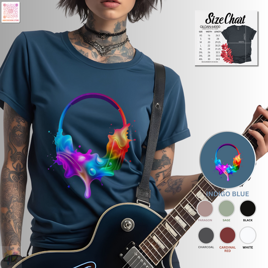 Colorful headphones in a vibrant multi-colored splash graphic tee.