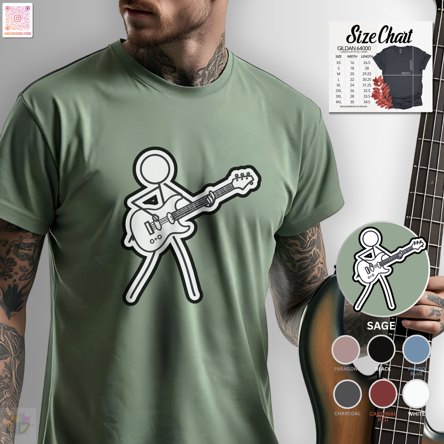 Joe Stick keeping rhythm on guitar graphic tee.