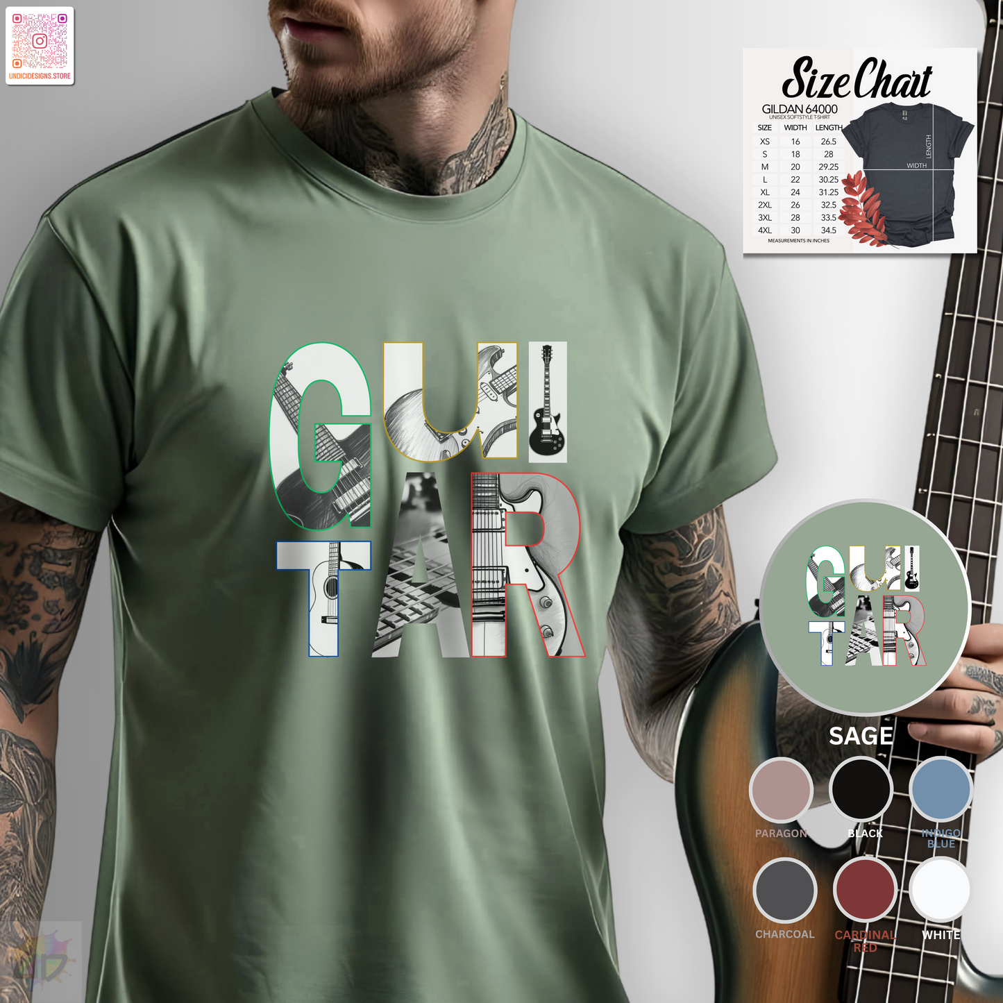 "Guitar" with guitars in letter backgrounds graphic tee.