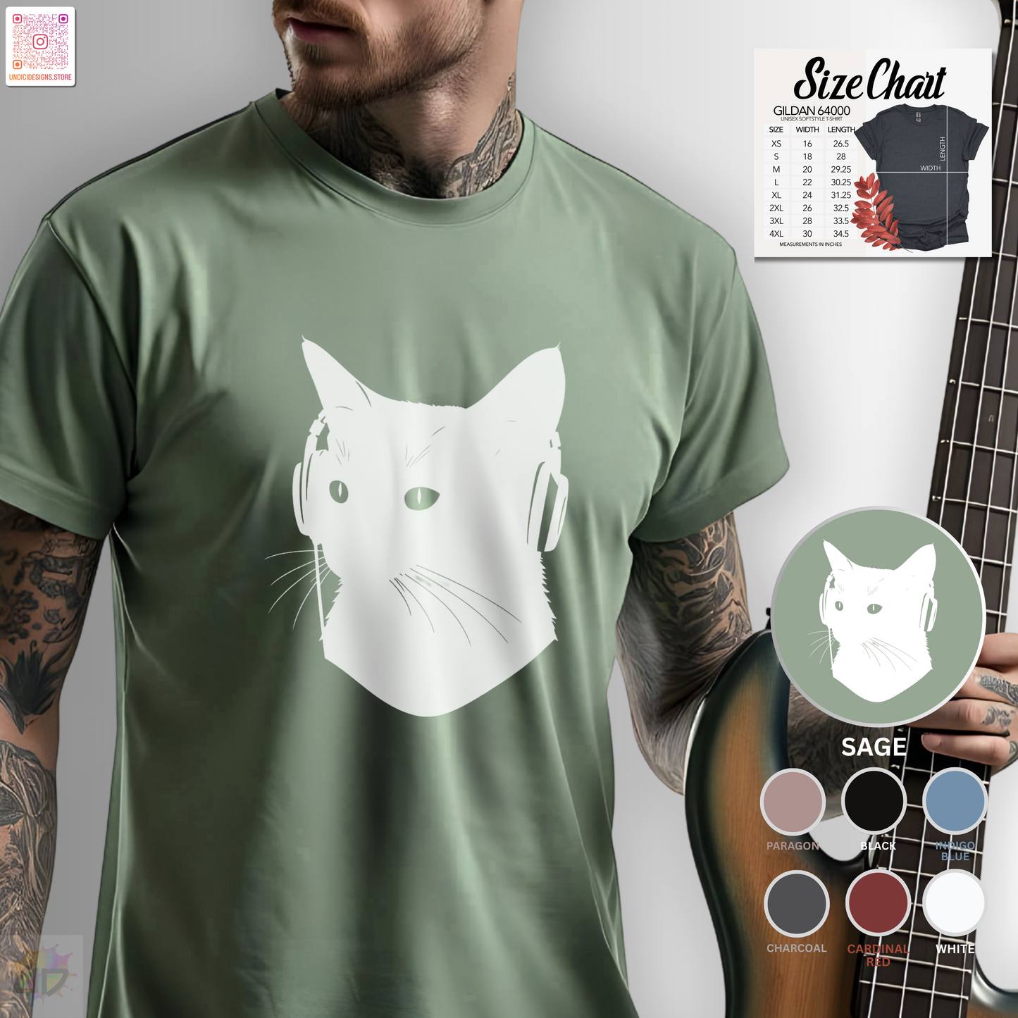 silhouette of kitten wearing headphones graphic tee.