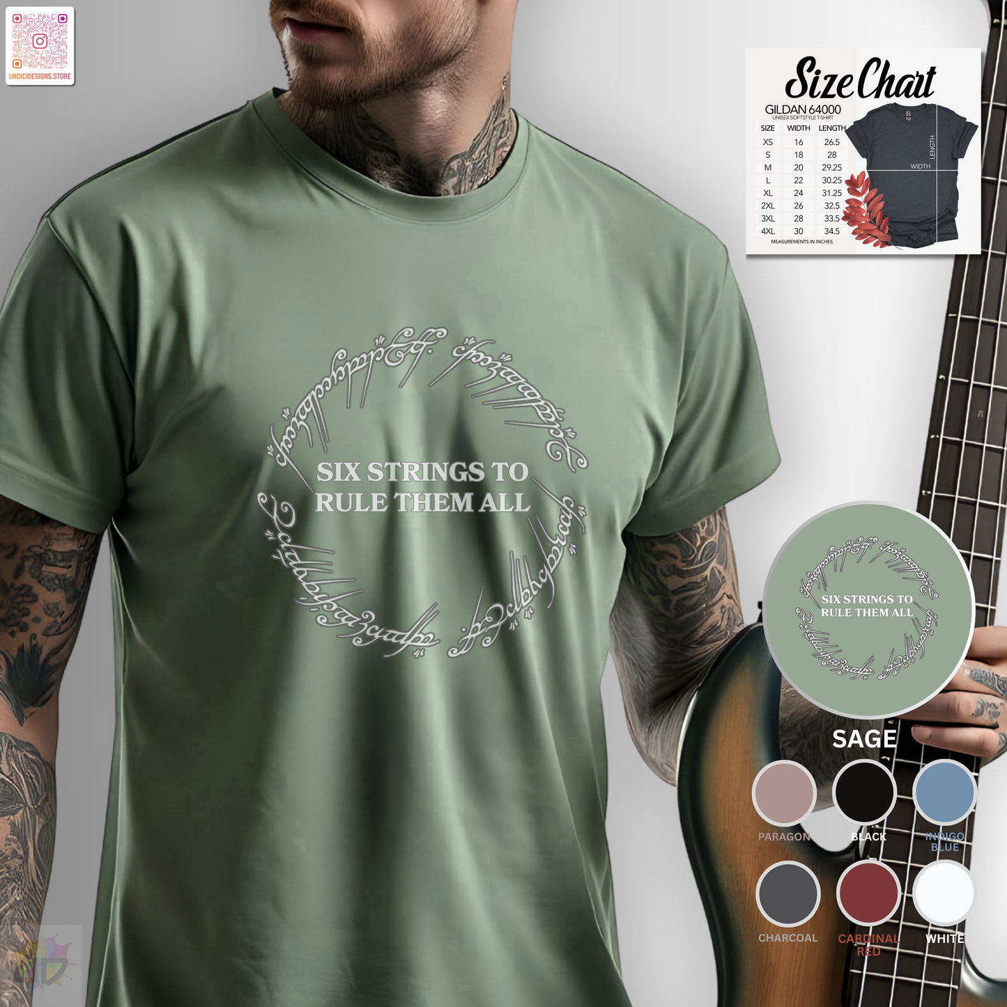 "Six strings to rule them all" in circular graphic tee.