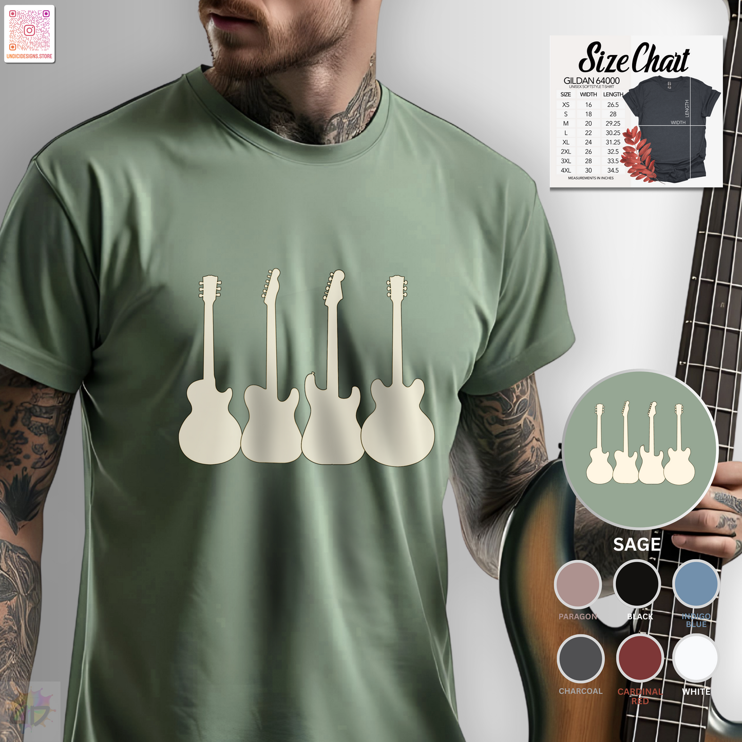 Four horizontal white guitar silhouettes graphic tee.