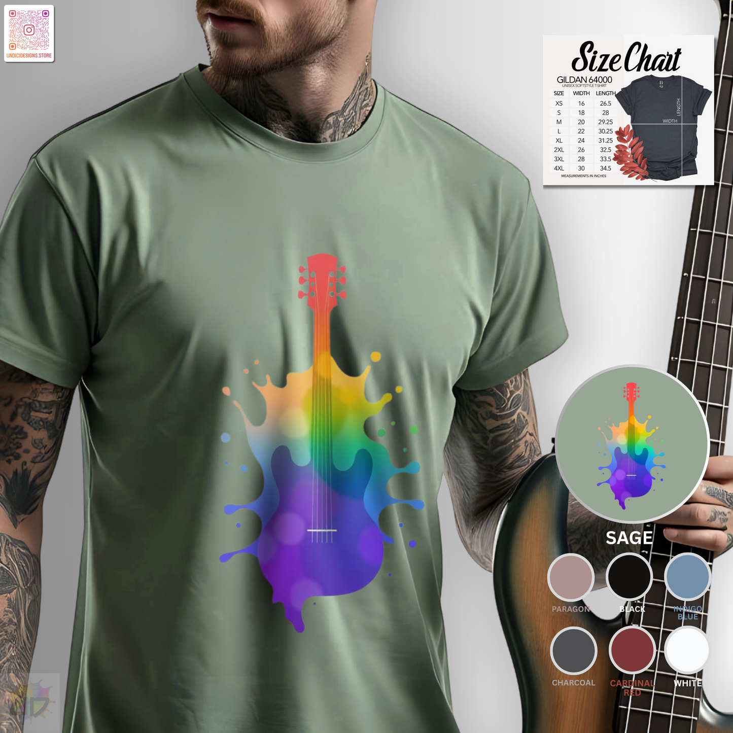Colorful hollow body guitar in a vibrant splash graphic tee.