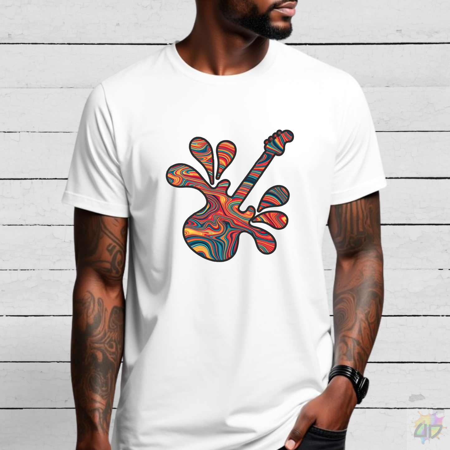Tie-Dye Guitar in a Vibrant Splash Graphic Tee.