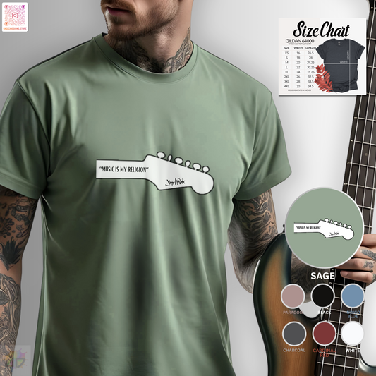 "Music is my religion" quote on guitar headstock graphic.