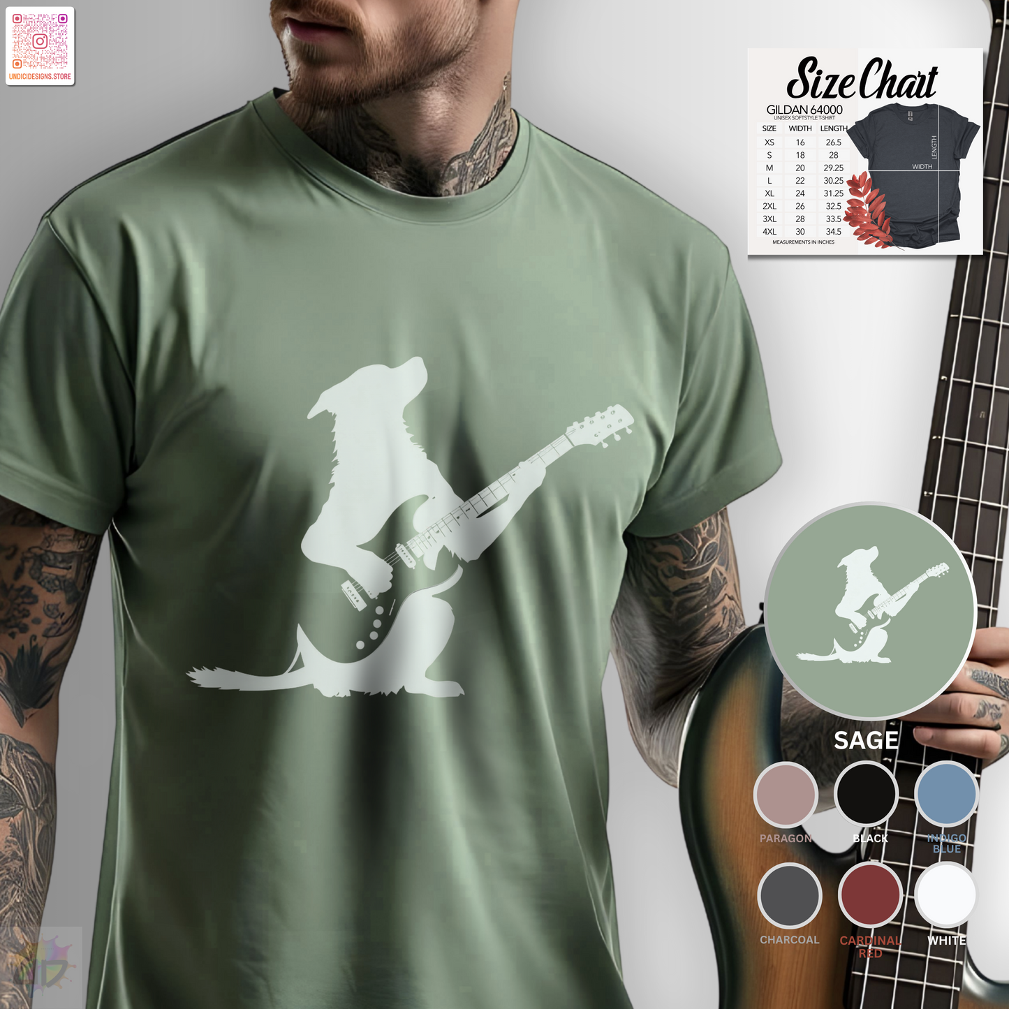 silhouette of a puppy playing a solo on a guitar graphic tee.