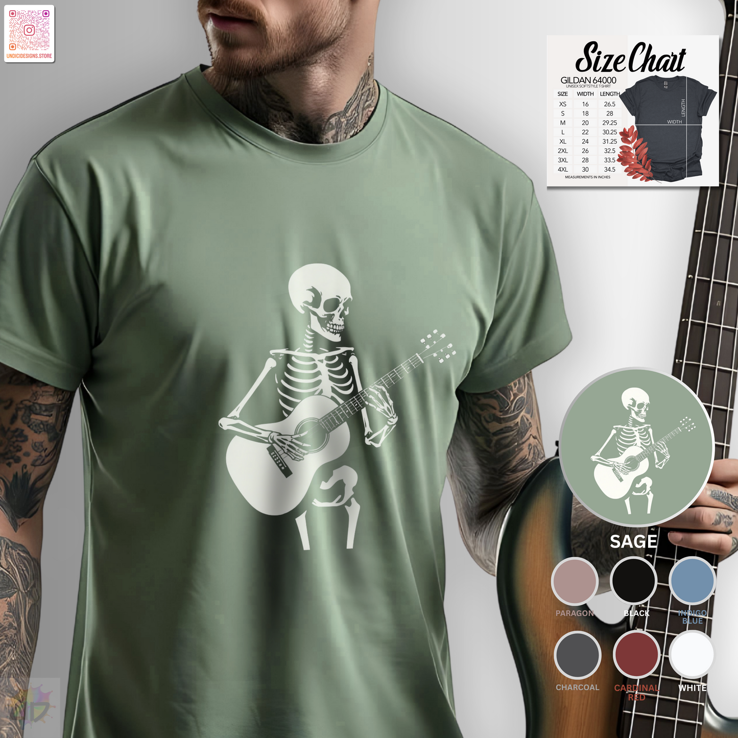 Skeleton playing an acoustic guitar graphic tee.
