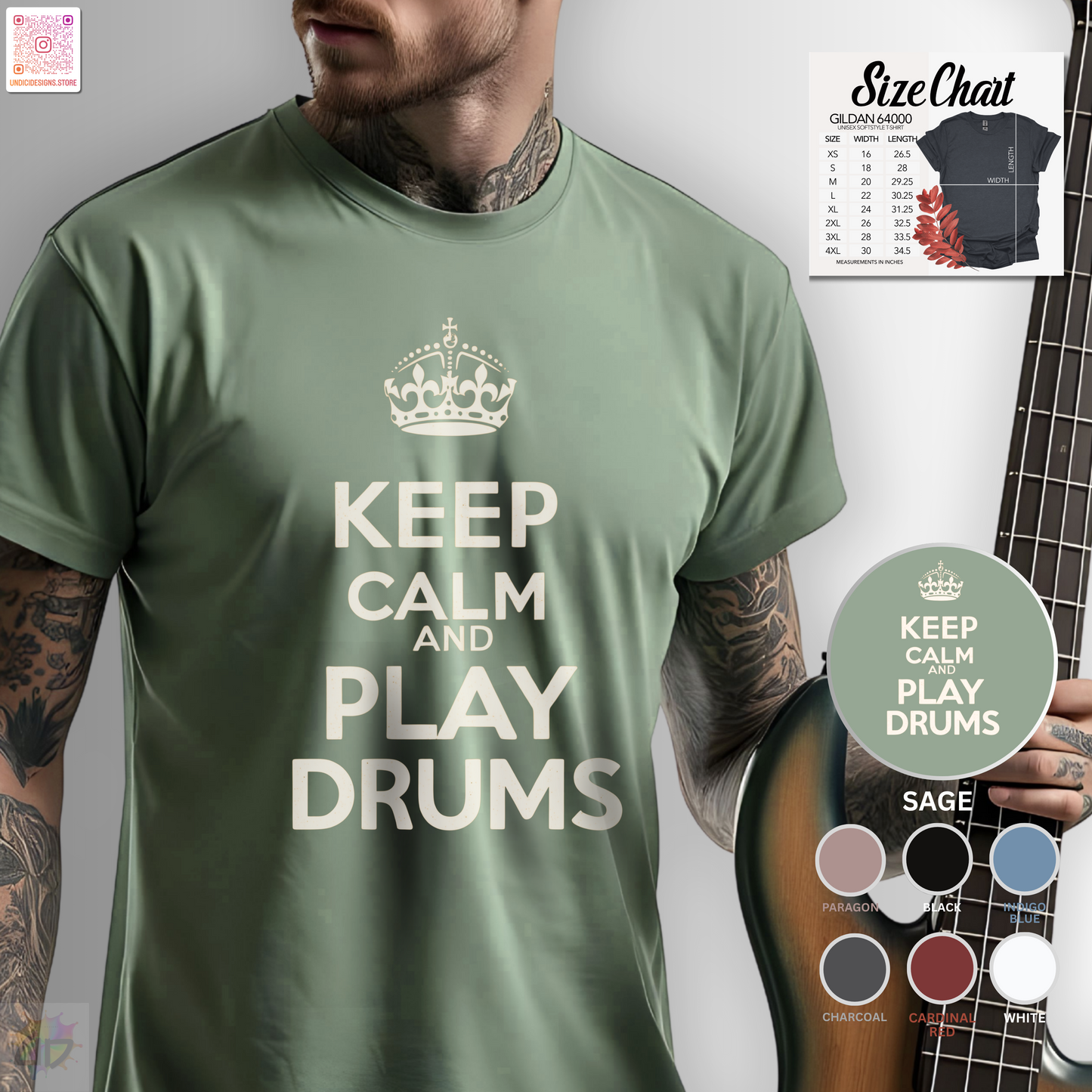 "Keep calm and play drums" graphic text tee.
