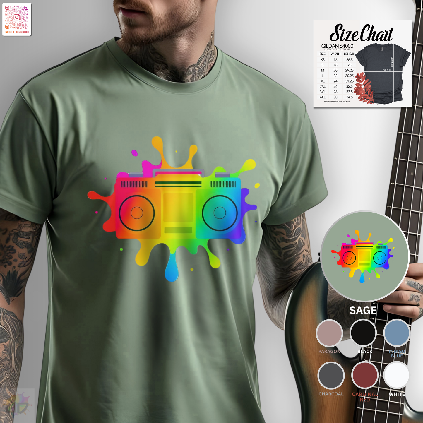 Colorful boombox in an artistic splash of vibrant paint graphic tee.