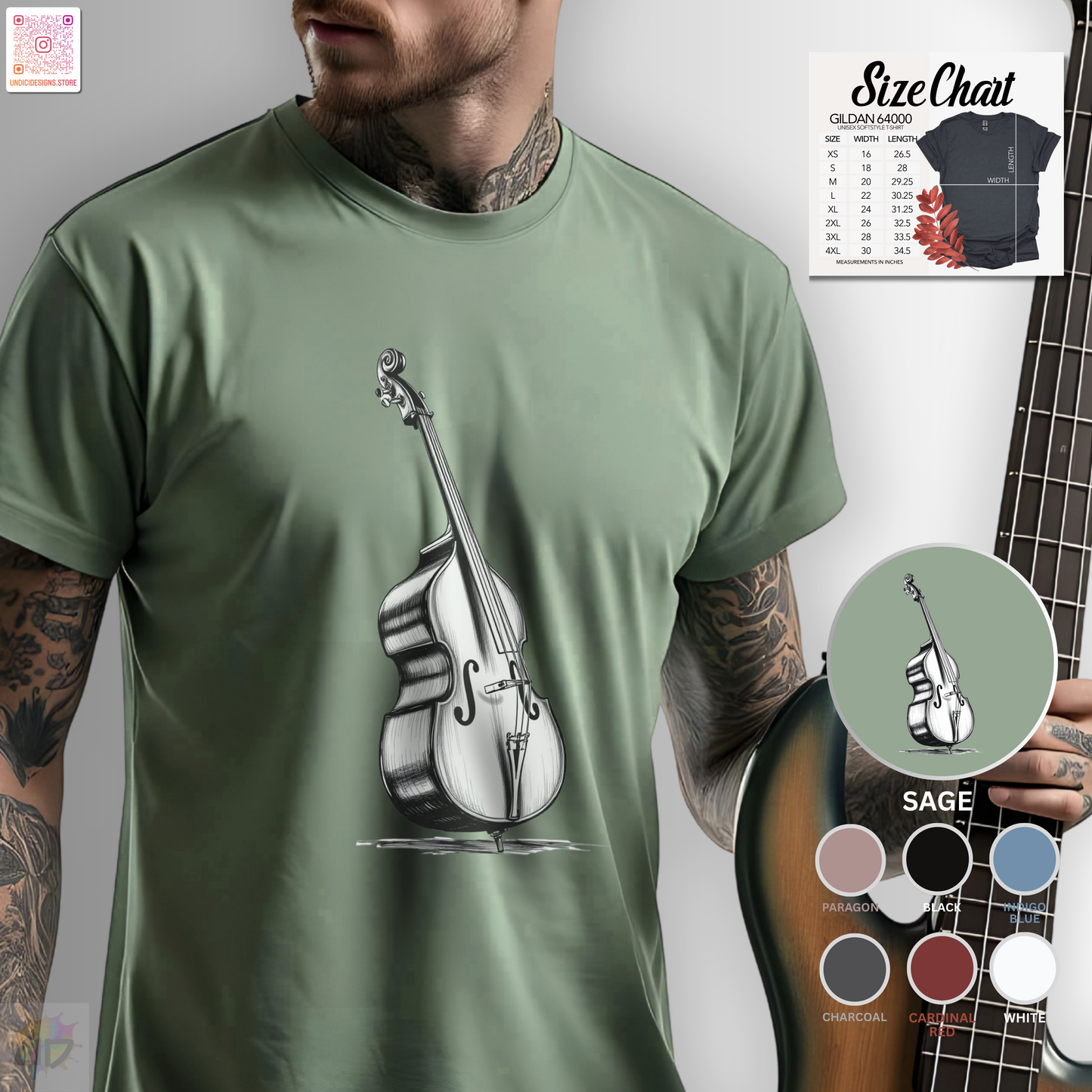 Hand drawn upright bass in white graphic tee.