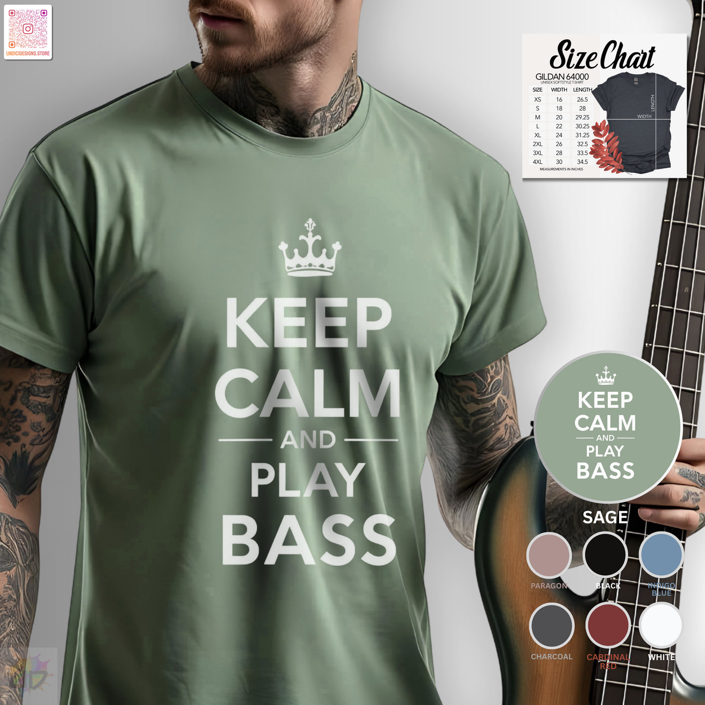 "Keep calm and play bass" text graphic tee.
