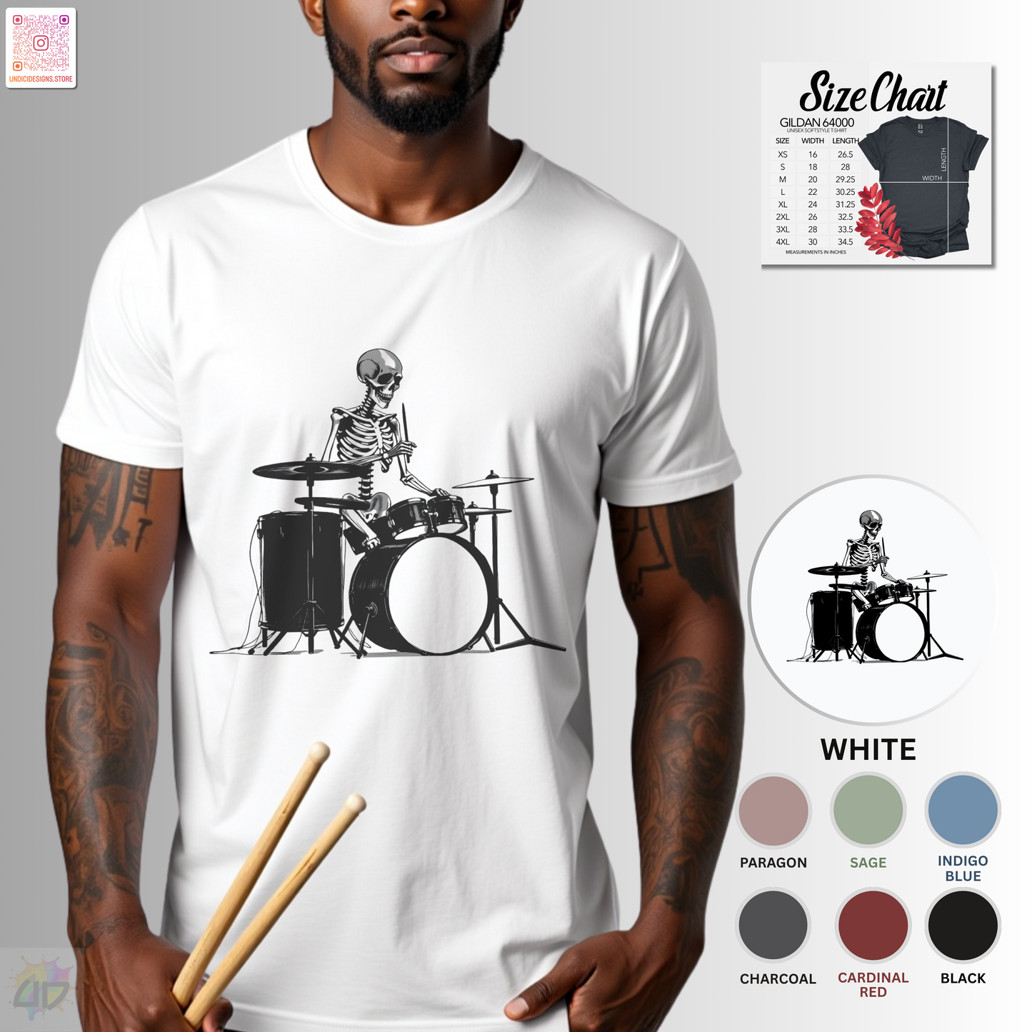 Skeleton silhouette playing drums graphic tee.