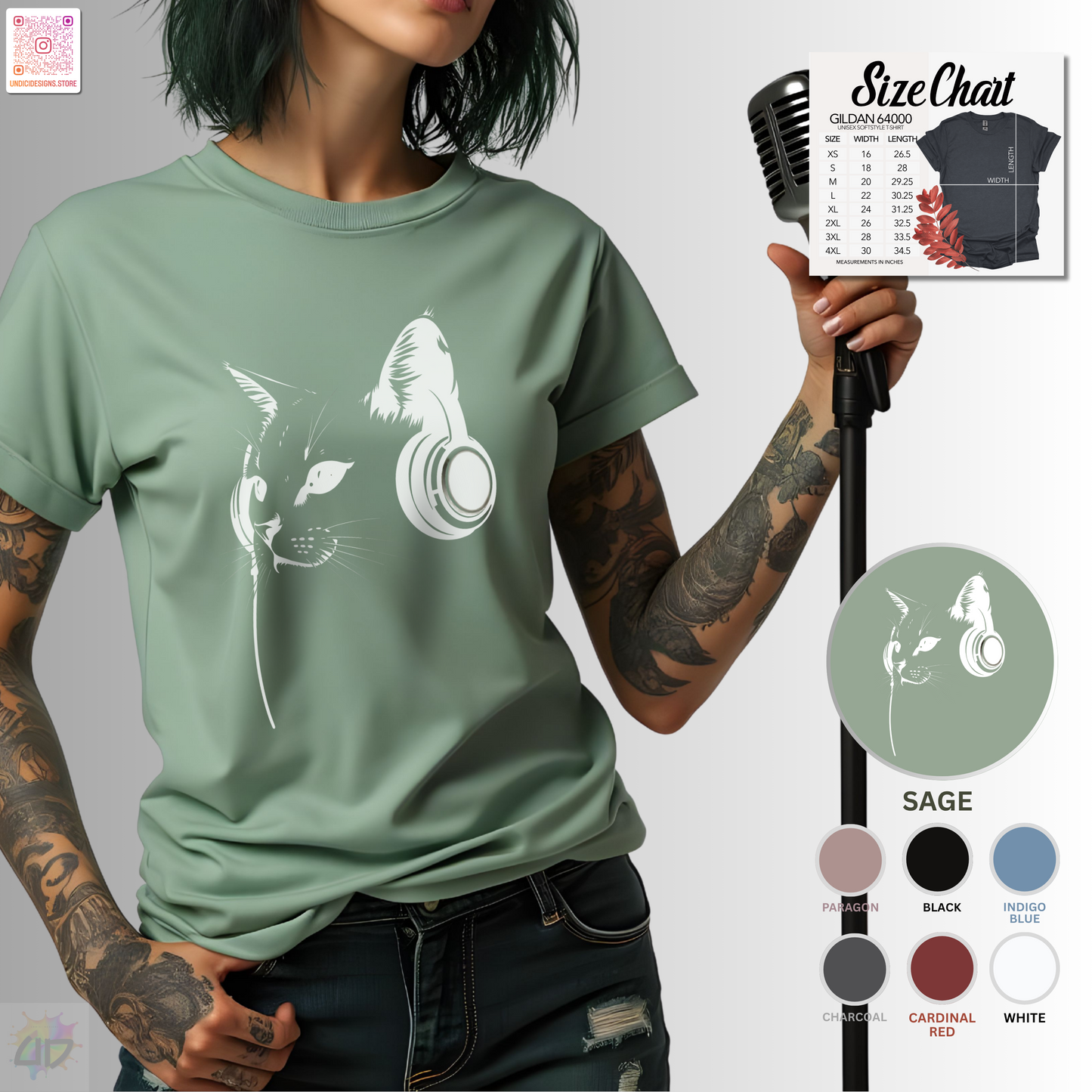 Silhouette of Chuck the Cat wearing headphones in a bust style graphic tee.