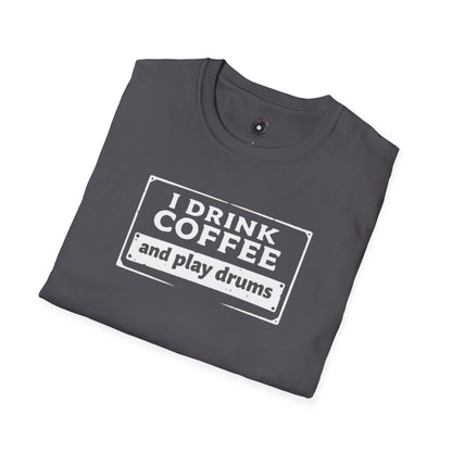 "I drink coffee and play drums" in a stamplike design
