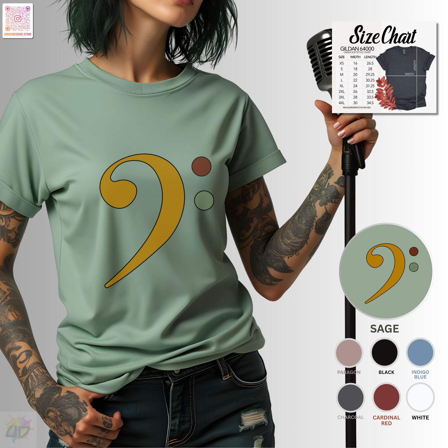 Multi-colored bass clef graphic tee.