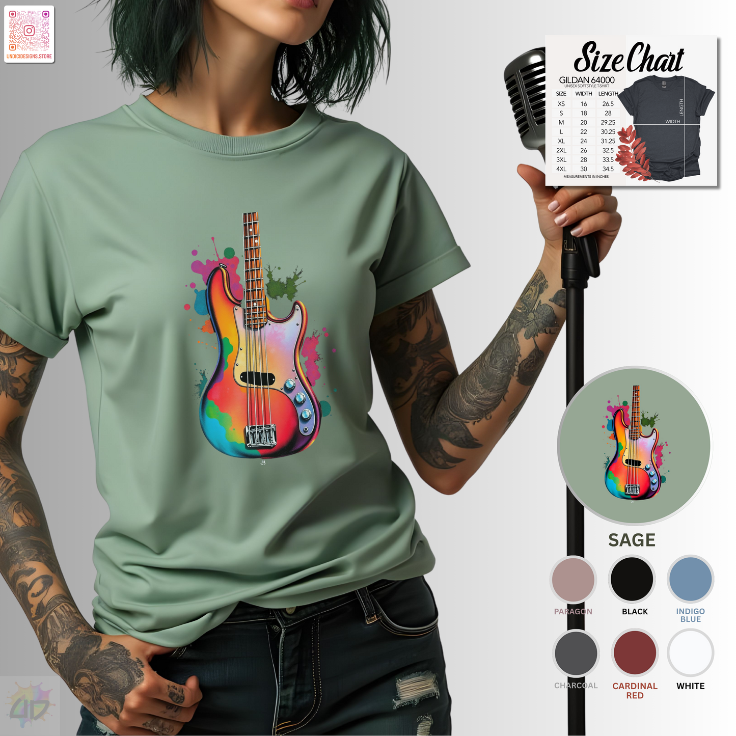 Colorful Jazz Bass Body in a vibrant splash graphic tee.