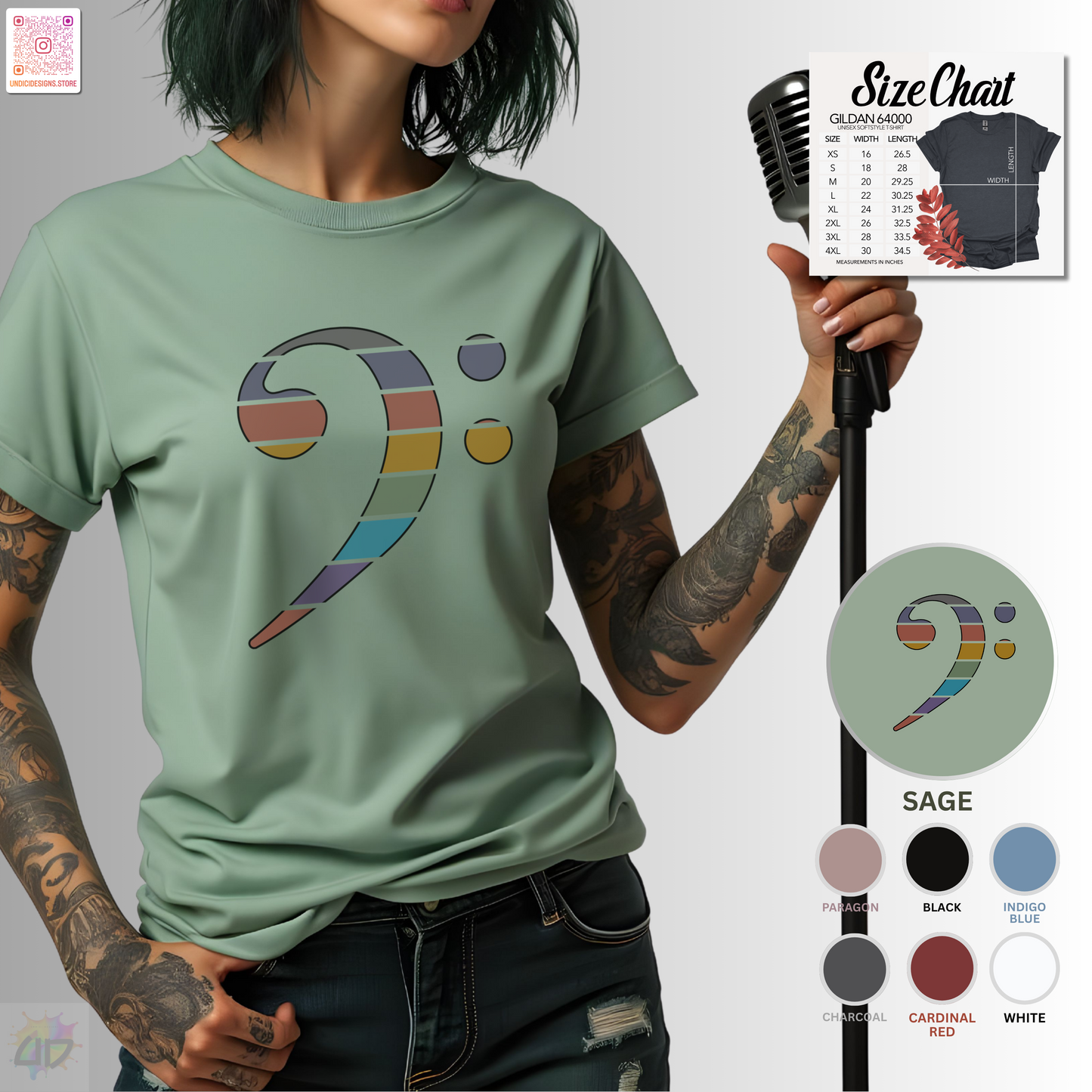 Retro sunset-colored bass clef graphic tee.