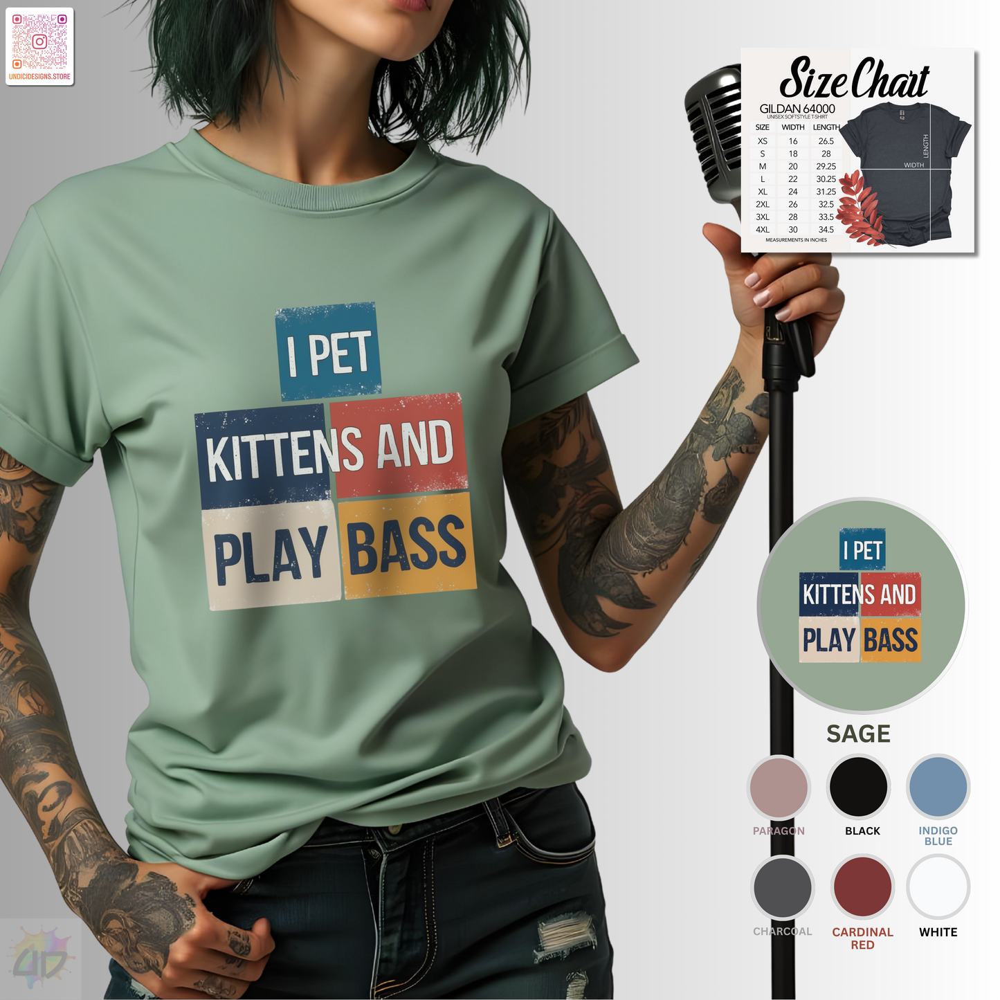 "I pet kittens and play bass" in colorful highlights graphic tee.