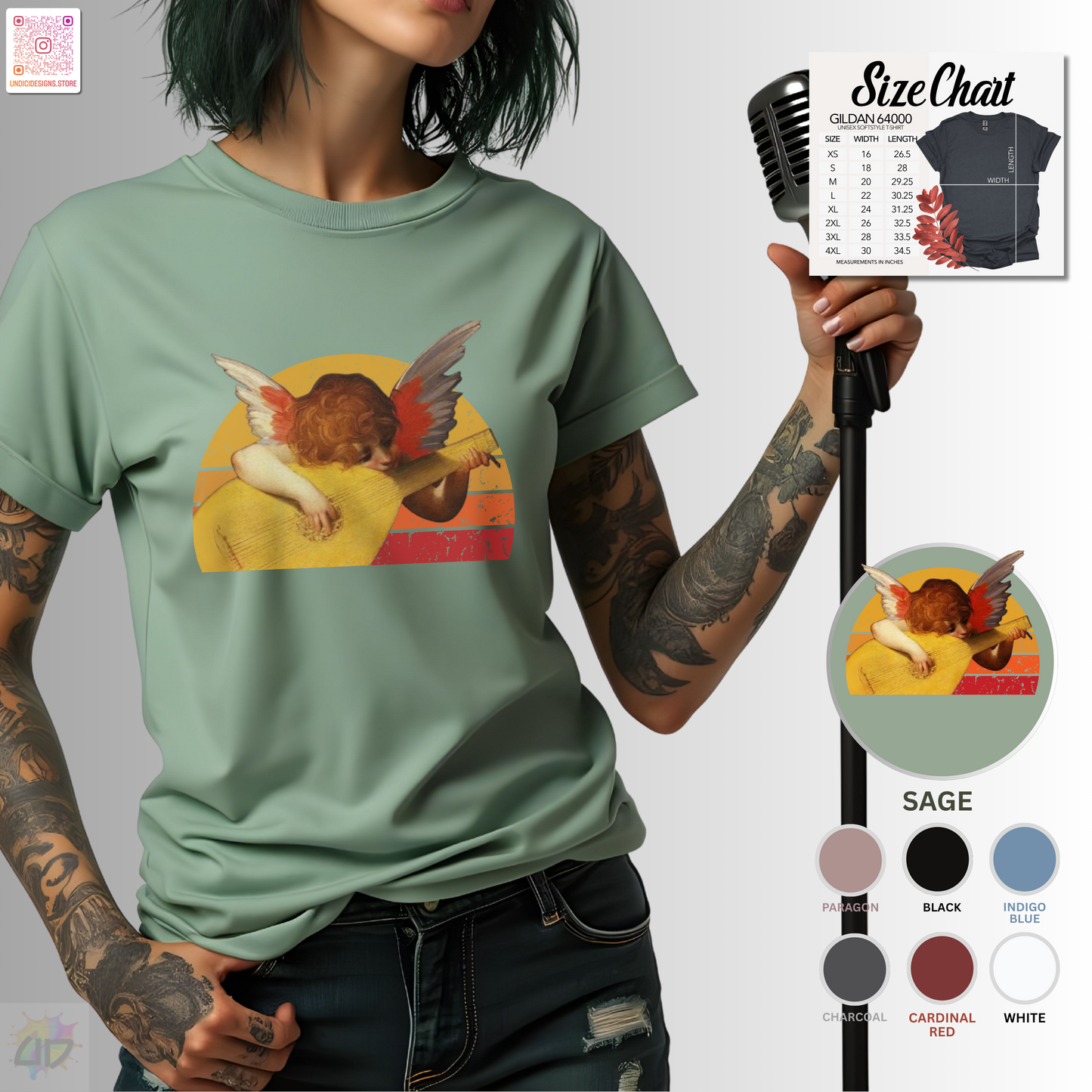 Cherub playing guitar in circular retro sunset graphic tee.