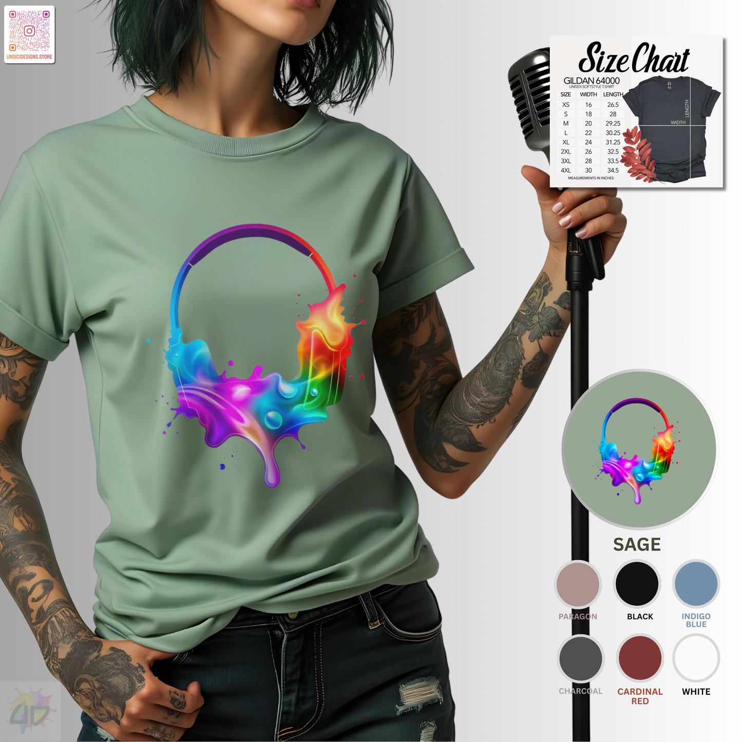 Colorful headphones in a vibrant multi-colored splash graphic tee.