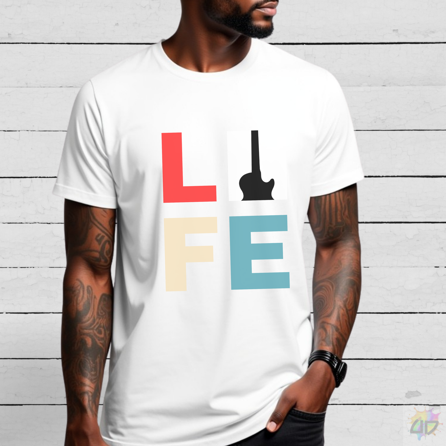 "LIFE" in Color with Guitar Graphic Tee.