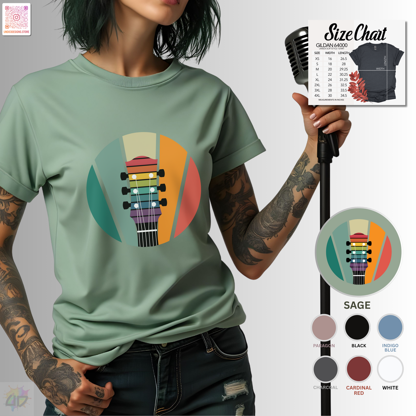 Guitar headstock on a retro sunset graphic tee.
