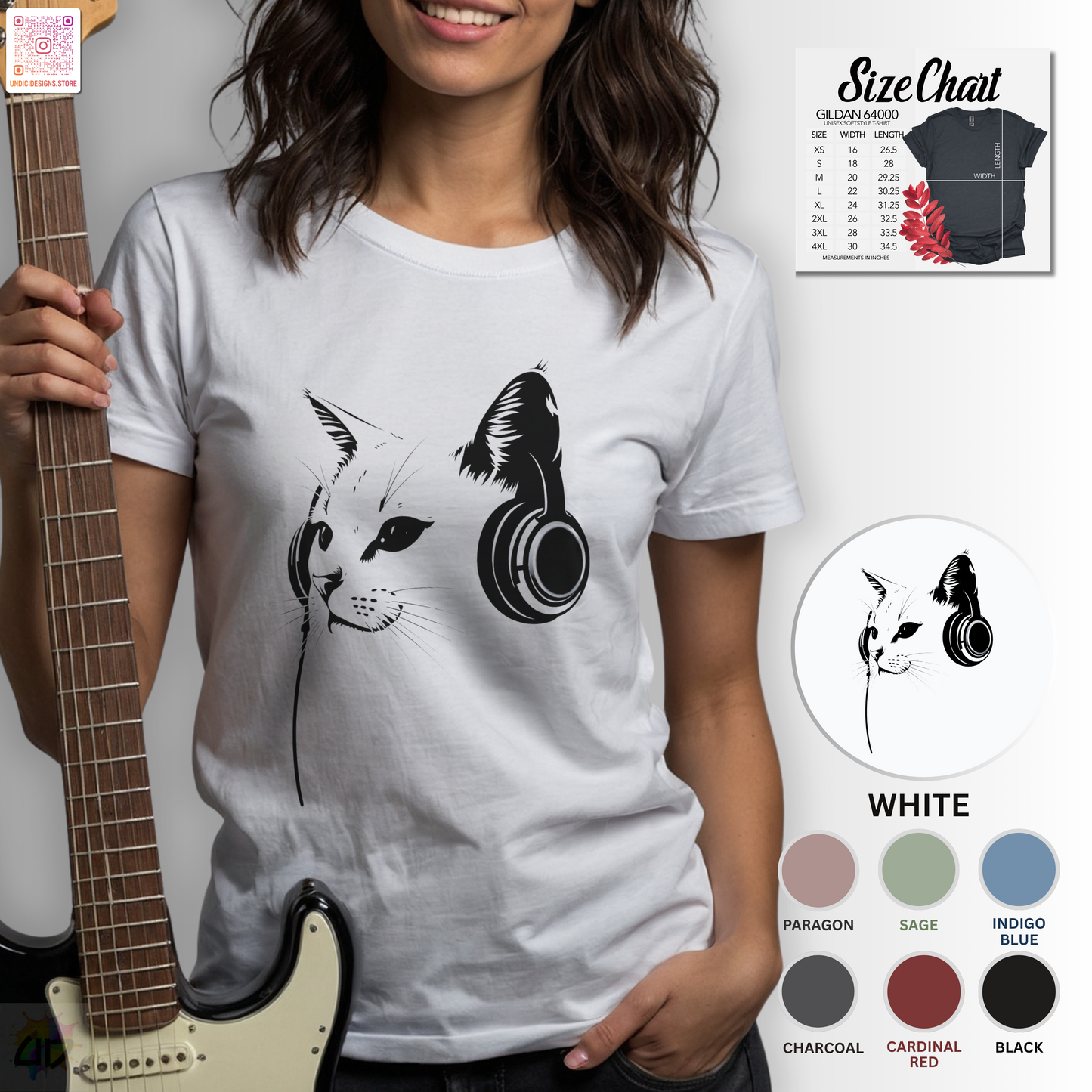Silhouette of Chuck the Cat wearing headphones in a bust style graphic tee.