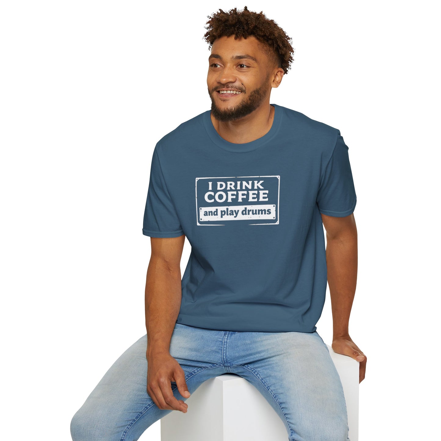 "I drink coffee and play drums" in a stamplike design
