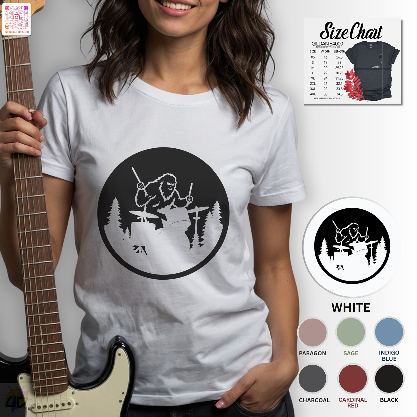 Big foot silhouette playing drums in a circular graphic tee.