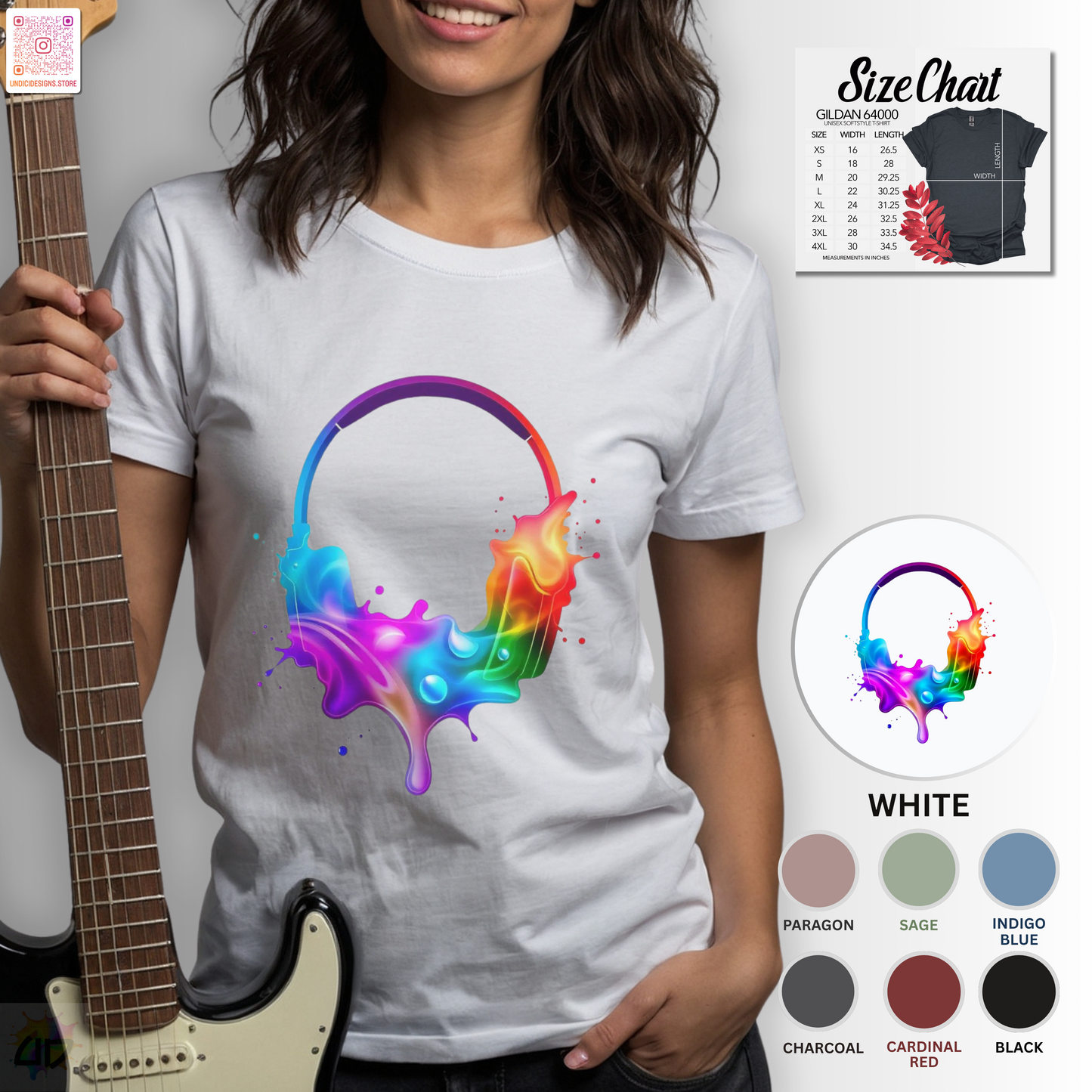 Colorful headphones in a vibrant multi-colored splash graphic tee.