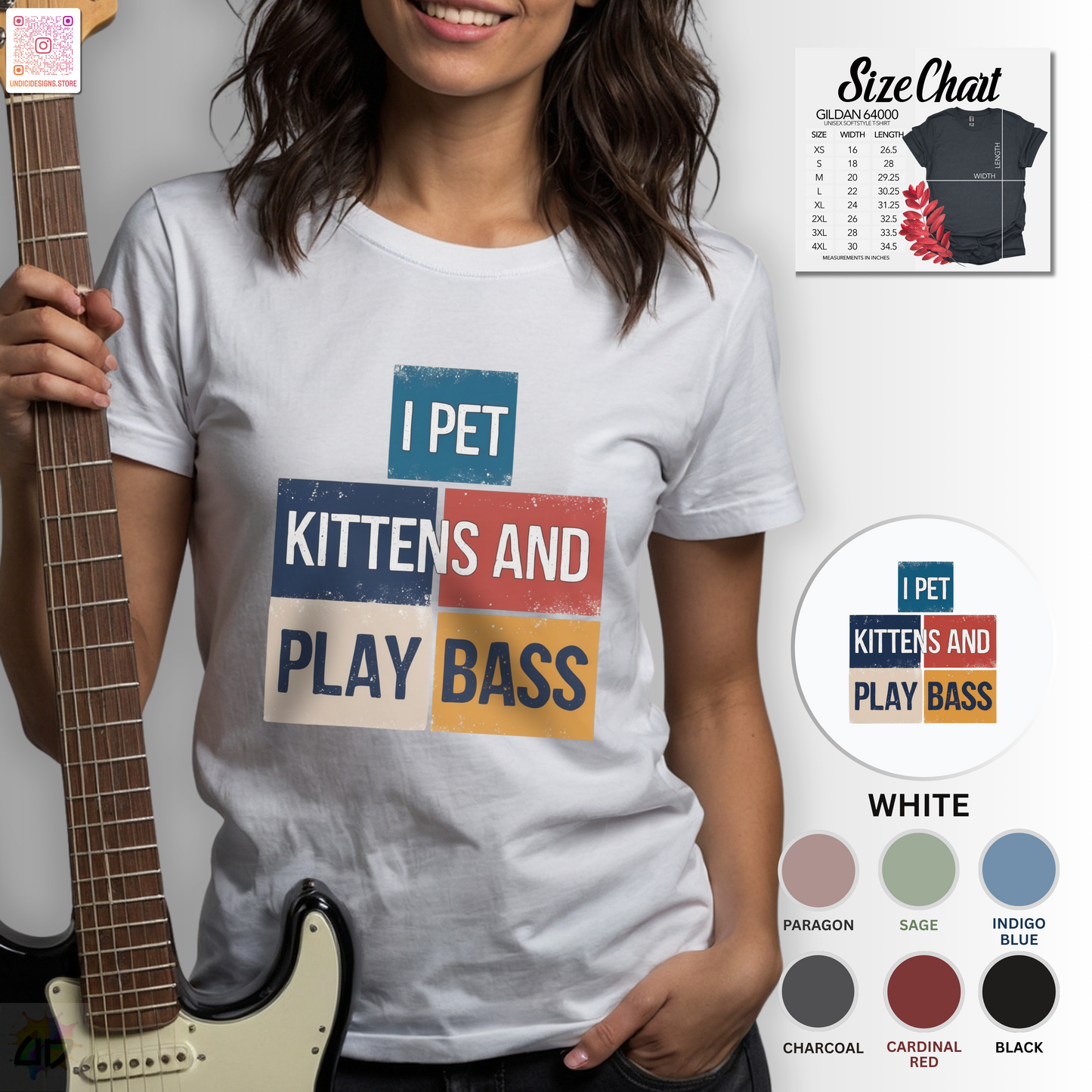 "I pet kittens and play bass" in colorful highlights graphic tee.