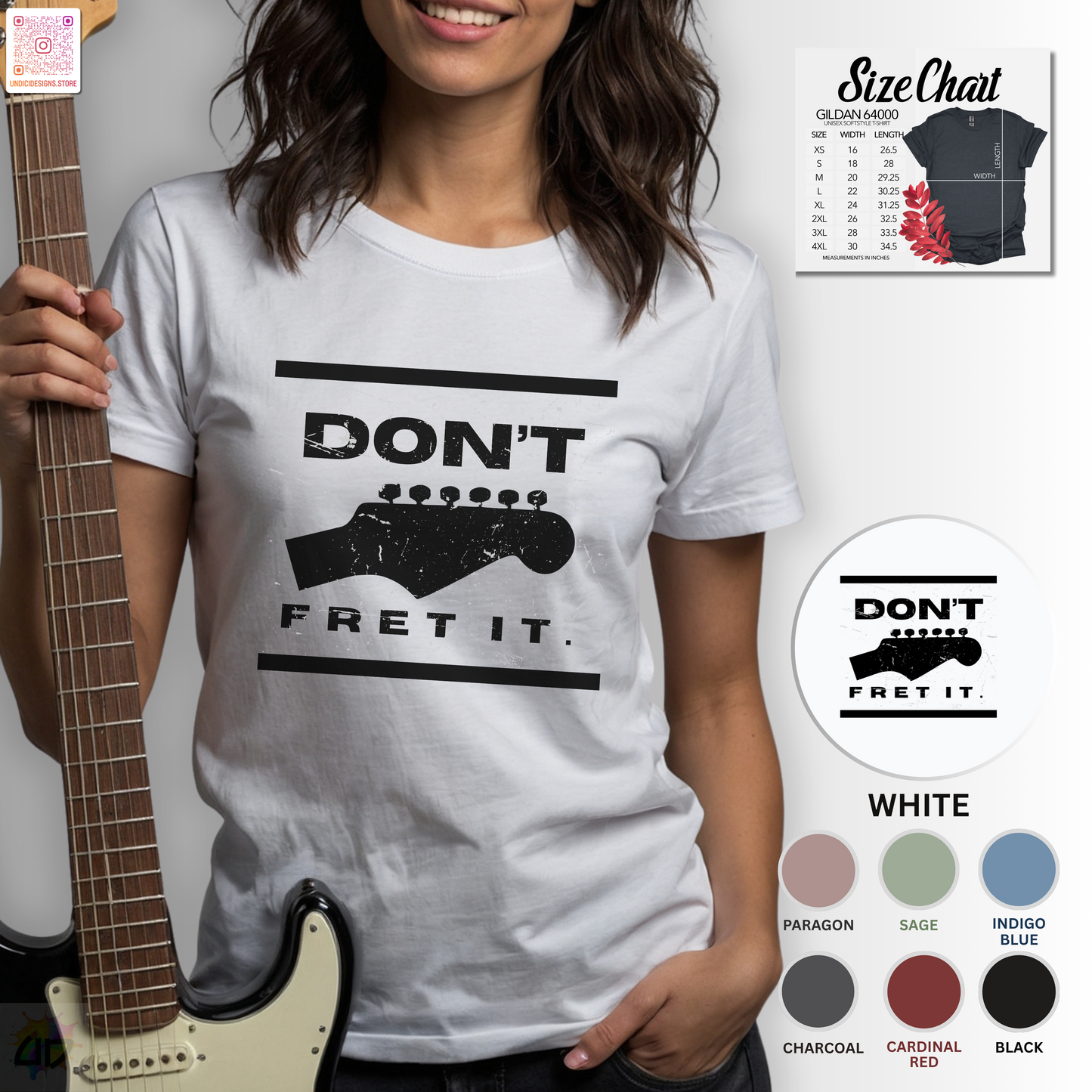 "Don't fret it." with guitar graphic tee.