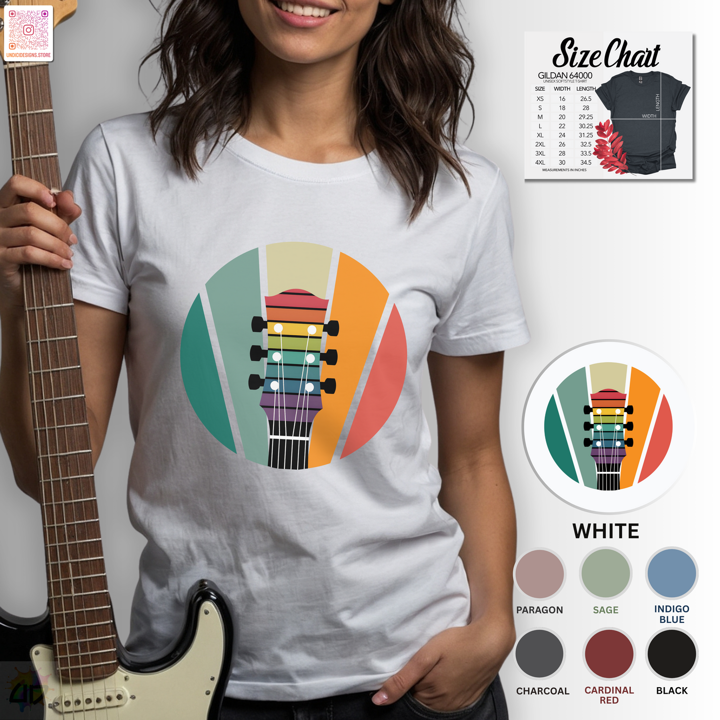 Guitar headstock on a retro sunset graphic tee.