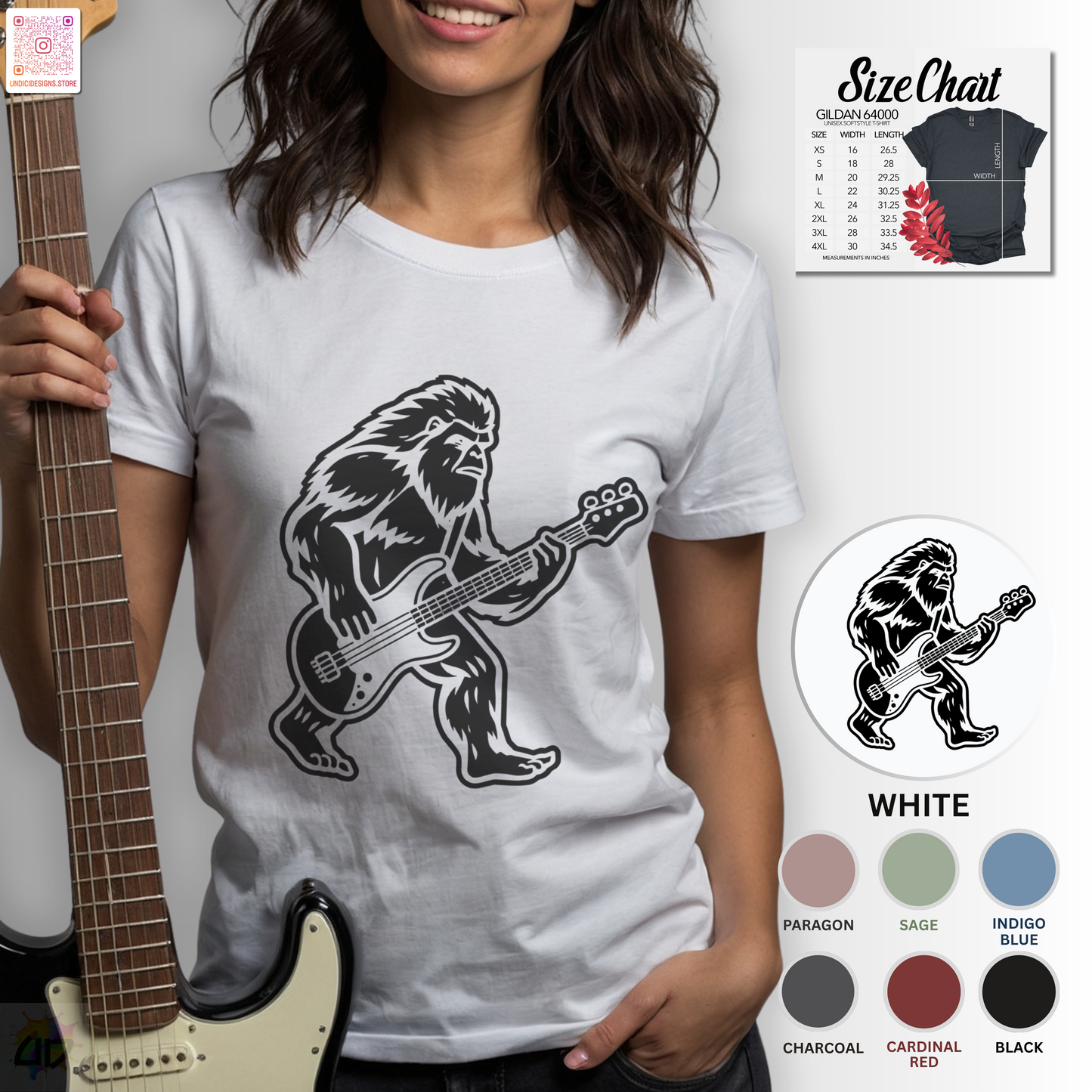 Yeti silhouette with Bass guitar in a cream-colored graphic tee.