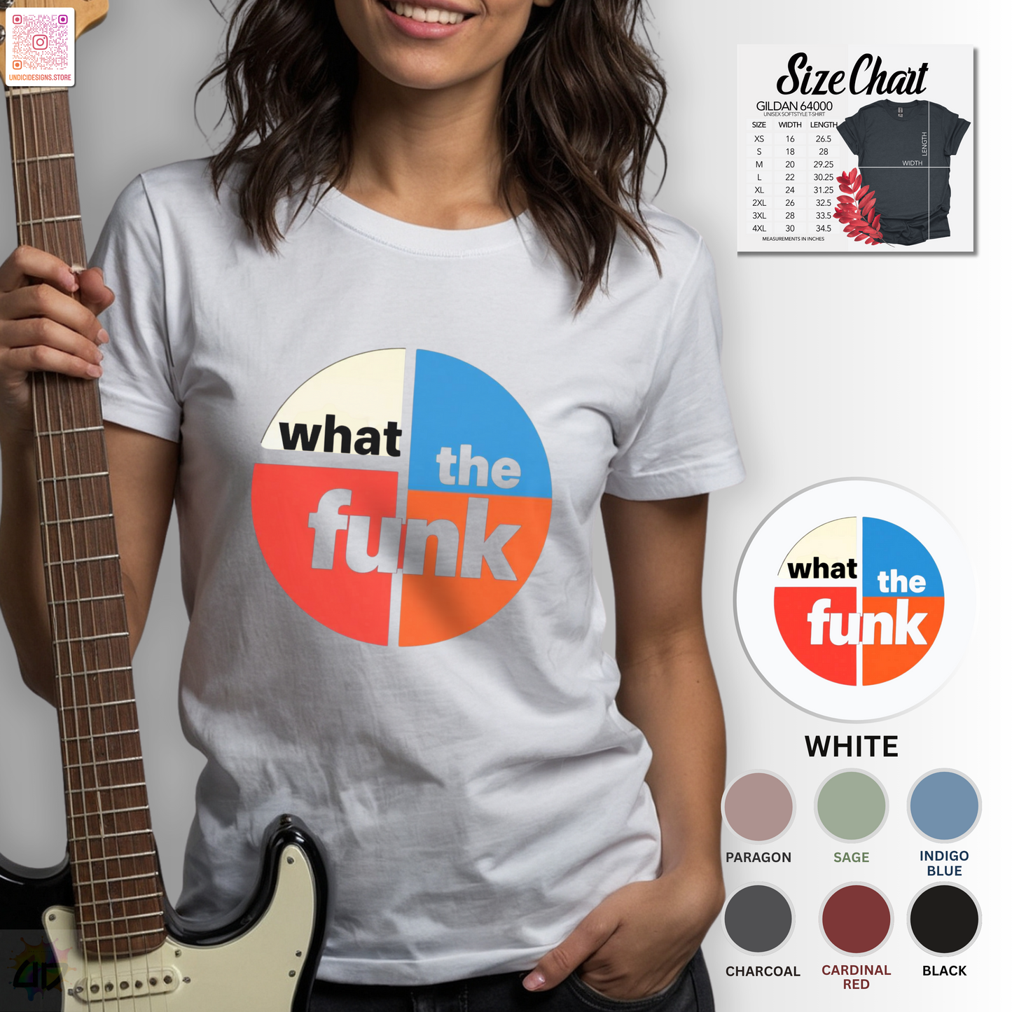 "What the funk" in a retro circle graphic tee.